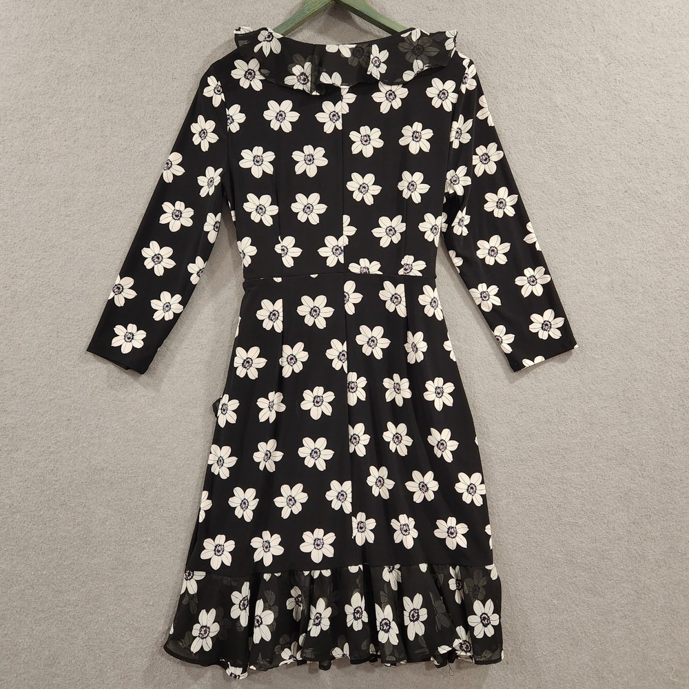 Tommy Hilfiger Womens‎ Black White Dress 10 Floral Ruffle Faux Wrap 3/4 Sleeve - Picture 7 of 11